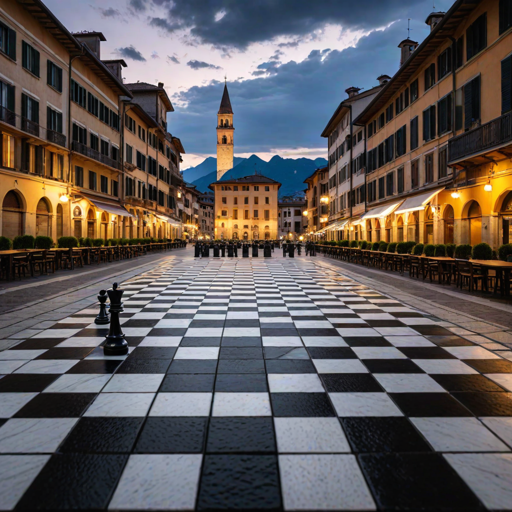 Vista di una lunga piazza al tramonto con pavimentazione a scacchiera con alcuni scacchi